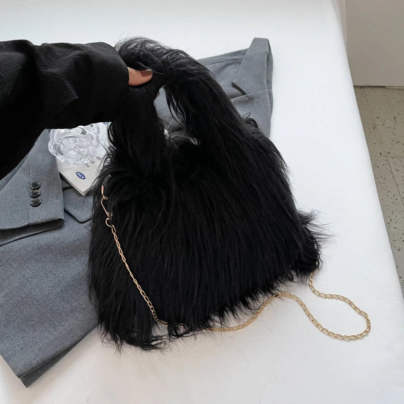 Soft Plush Faux Fur Handbag | Winter Chain Crossbody & Clutch Luxegan