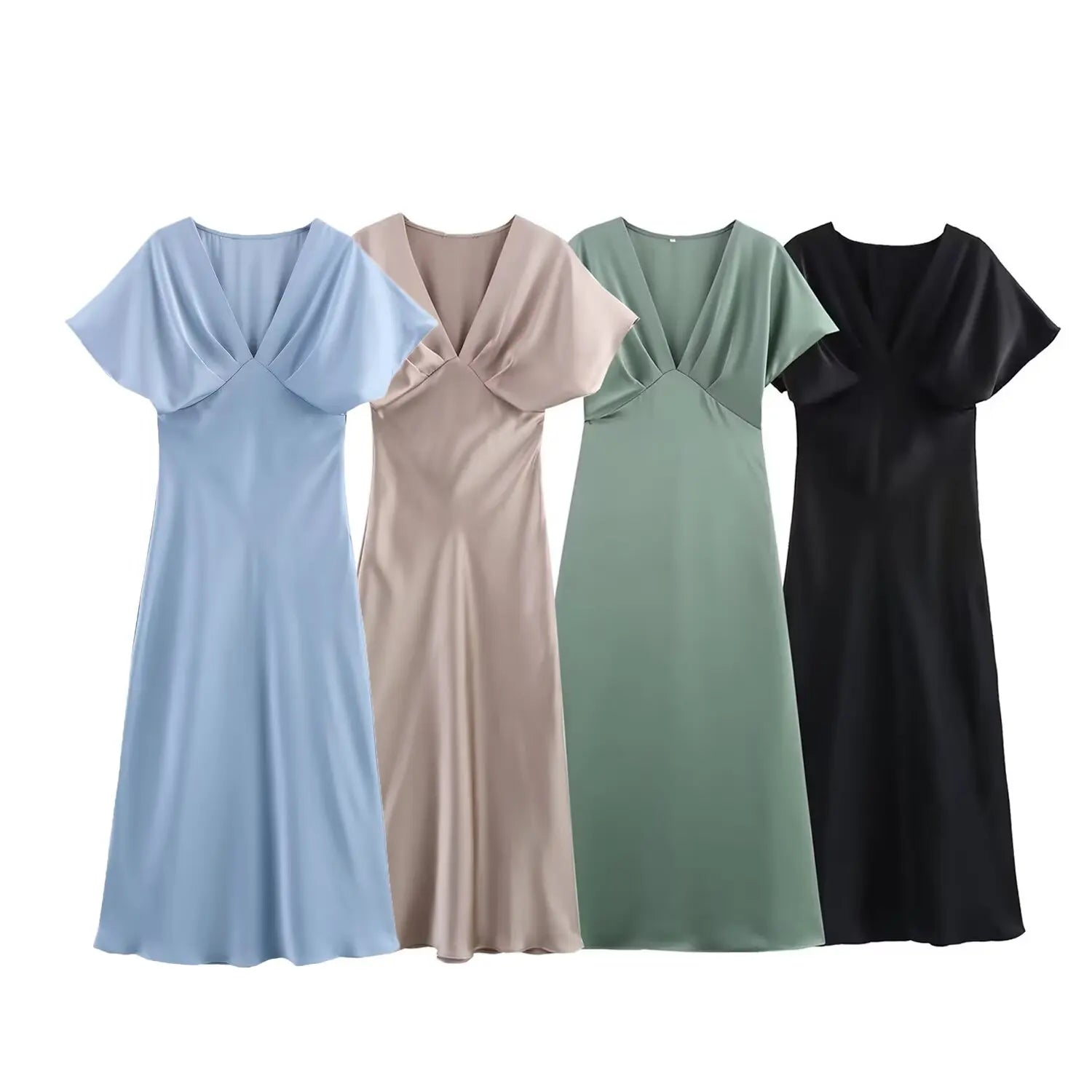 Women's Elegant Solid Satin Midi Dress | Sexy V-Neck Short Sleeve Evening Gown | New Fashion Summer Lady Holiday Party Dress | Premium Slim Fit Straight Vestido Model NZA23148 Luxegan
