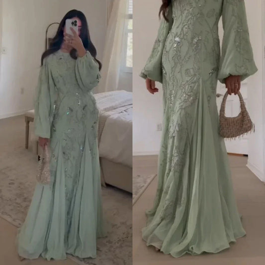 Exquisite Intricate Jewel Floor-Length Evening Dress | Classic A-Line Chiffon Prom Dress | Full-Sleeve Sequined O-Neck Formal Occasion Gown Luxegan