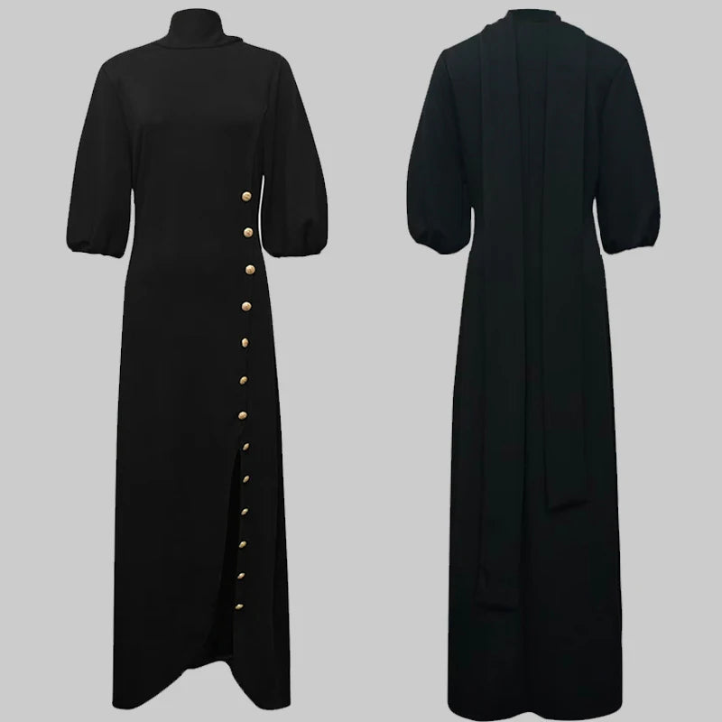 Buttoned Mock Neck Loose Maxi Dress – Three-Quarter Sleeve, Side Slit, Autumn/Winter Luxegan