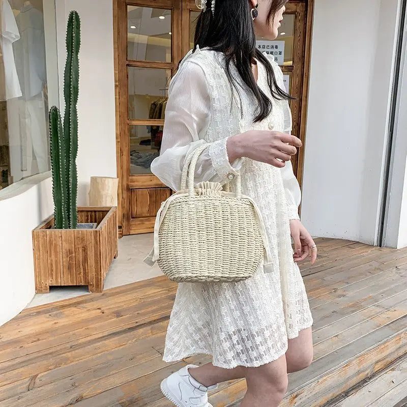 Women’s Summer Straw Rattan Handbag | Sophisticated Woven Small Clutch & Basket Bag | Elegant Retro Beach Vacation Tote | "Dignified" Soft Bucket Purse for Versatile Holiday Styling Luxegan