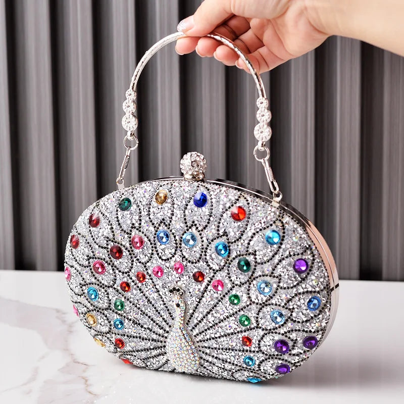 New Peacock Pattern Diamond Evening Bag | Luxury Rhinestone Evening Clutch & Purse | Sparkling - view 6