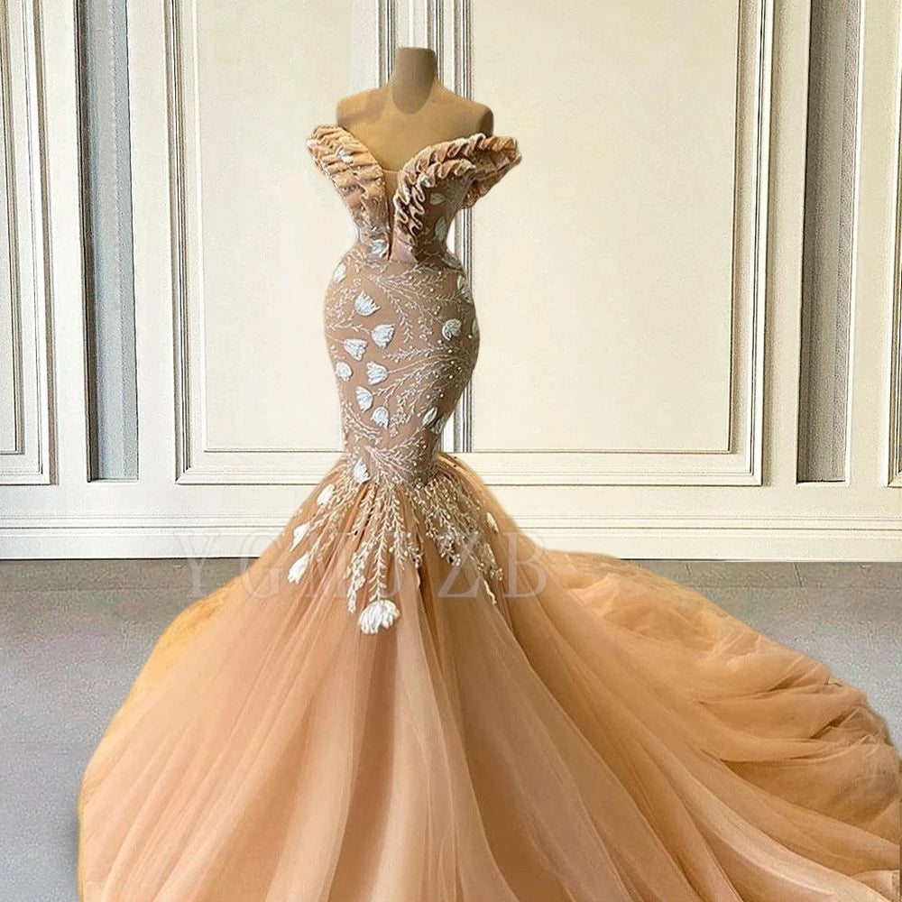 Off Shoulder Evening Dresses Long Luxury 2025 Mermaid Bead Lace Champagne Elegent Formal Prom Gowns Celebrity Special Occasions