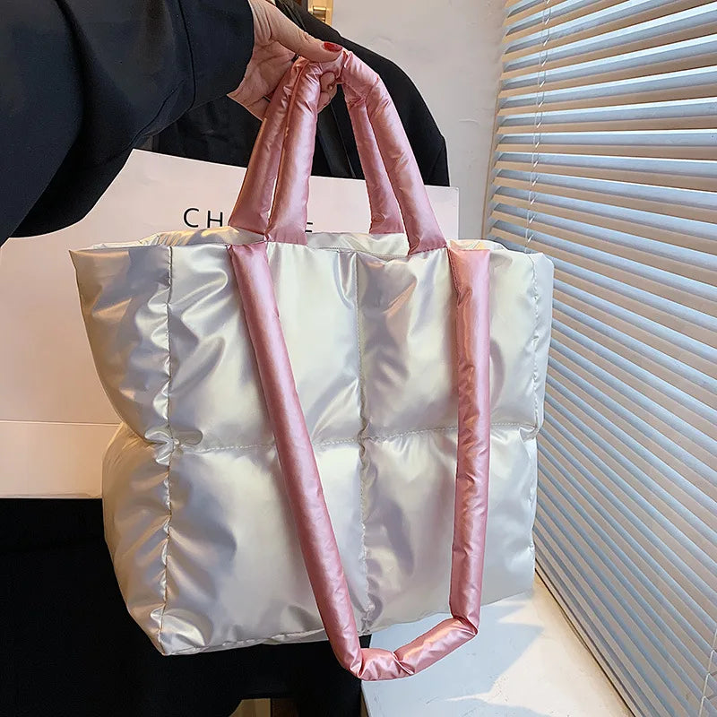 Designer Puffy Shoulder Bag Women Quilted Space Down Feather Padded Cotton Handbag | Winter Large Capacity Warm Shopping Purse Luxegan