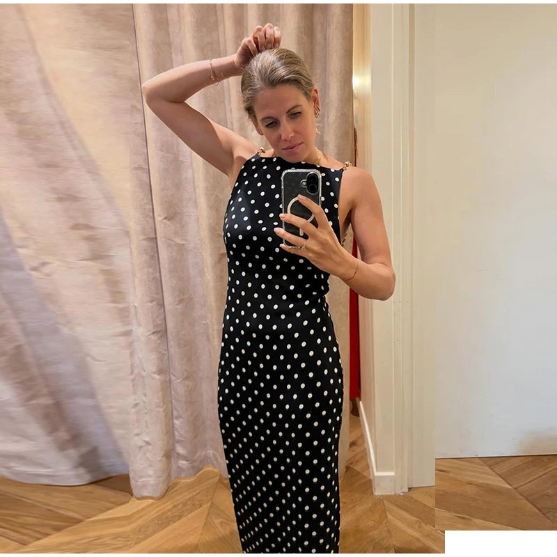 Polka Dot & Solid Asymmetrical Neckline Sleeveless Backless Slim Fit Sheath Midi Dress – Empire Waist, Spring/Summer Luxegan