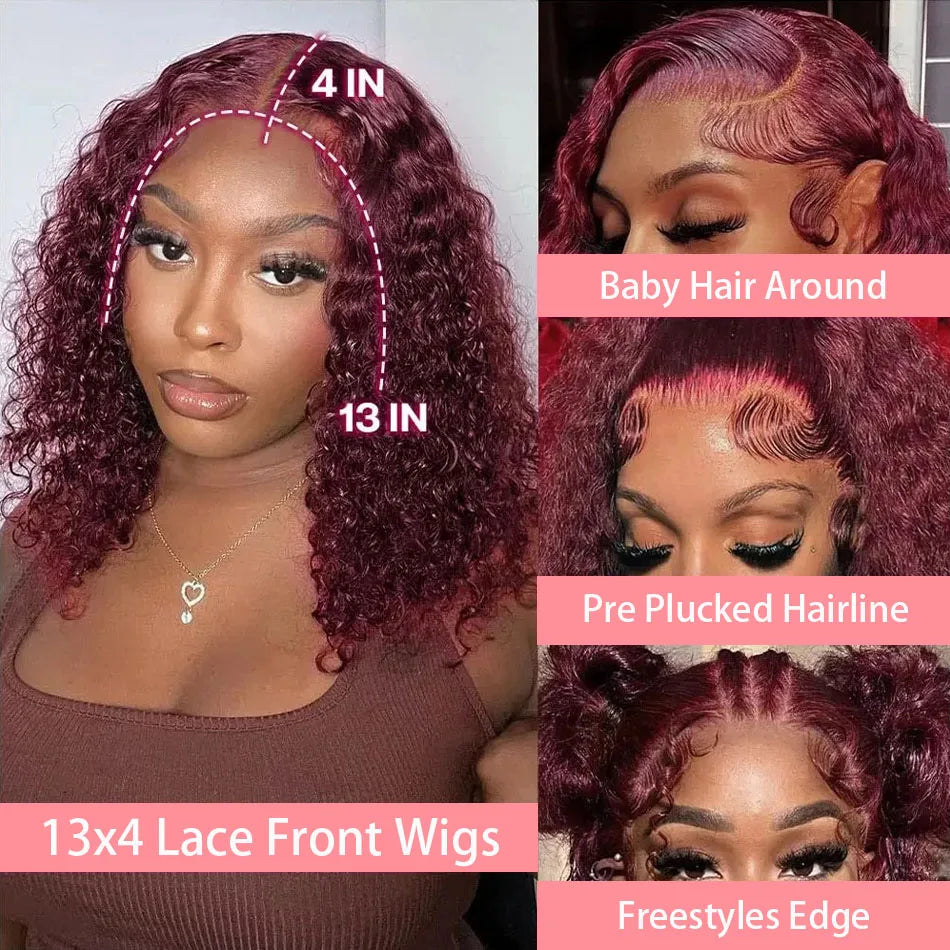 Burgundy 99J Deep Wave Short Bob Wig - 13x4 Transparent Lace Frontal Human Hair Wig - 200% Density Red Colored Water Wave Remy Human Hair Wig for Women (4-16 Inch) Luxegan