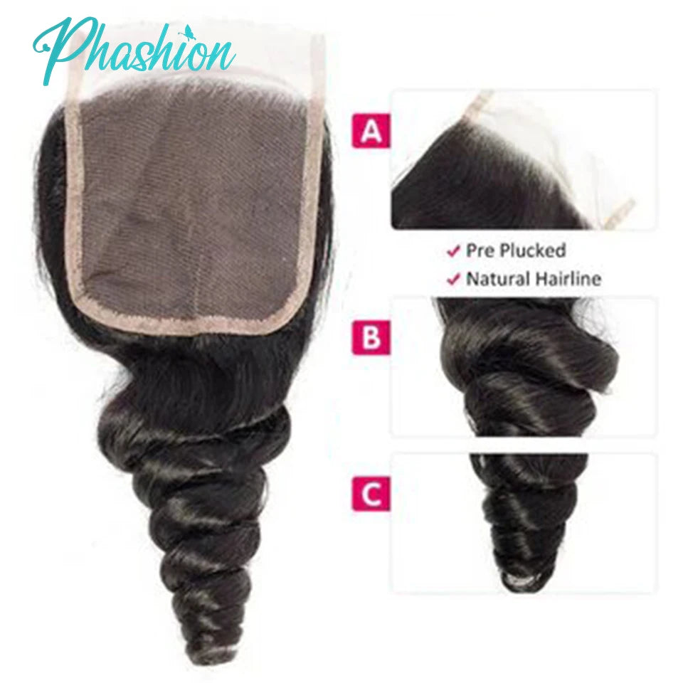 Phashion Loose Wave 13x4 Lace Frontal HD Transparent Swiss 4×4 Closure Pre Plucked Brazilian Remy Human Hair For Black Women