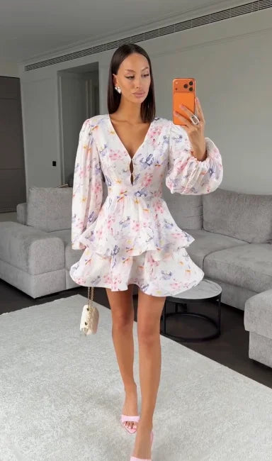 Sexy Floral Printed Mini Dress | Chic Deep V-Neck Full Sleeve Evening Gown | Fashionable Waist-Cinched Pleated Button-Front Dress | Premium Tatting Slim Fit A-Line Daily Outfits Luxegan