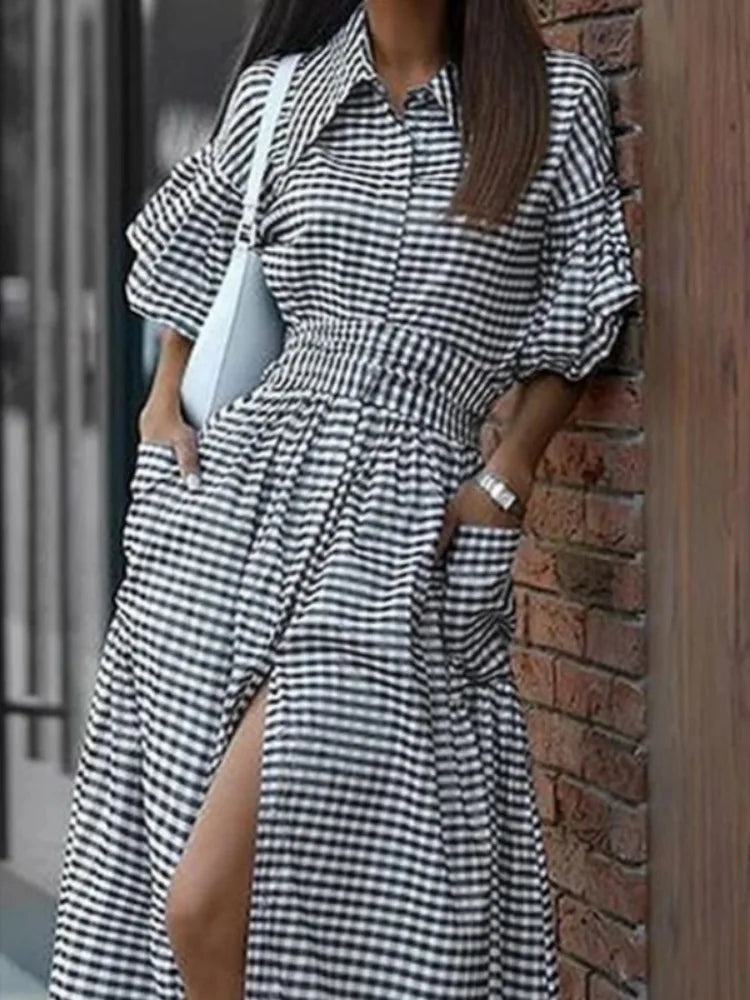 New Fashion Plaid Lapel Shirt Dress for Women | Ruffle Flare Sleeve Buttoned Pocket Maxi Gown | Elegant High-Waist Front-Slit Office Lady Dress | Model 178717 Half Sleeve Floor-Length A-Line Dress Luxegan
