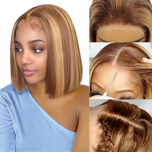 Highlight P4/27 Straight Short Bob Wig - 13x4 HD Lace Frontal & 7x5 / 5x5 Wear-and-Go Glueless Human Hair Wig - Pre-Cut Ready-to-Wear Peruvian Remy Hair Bob Wig for Women (4-16 Inch) Luxegan