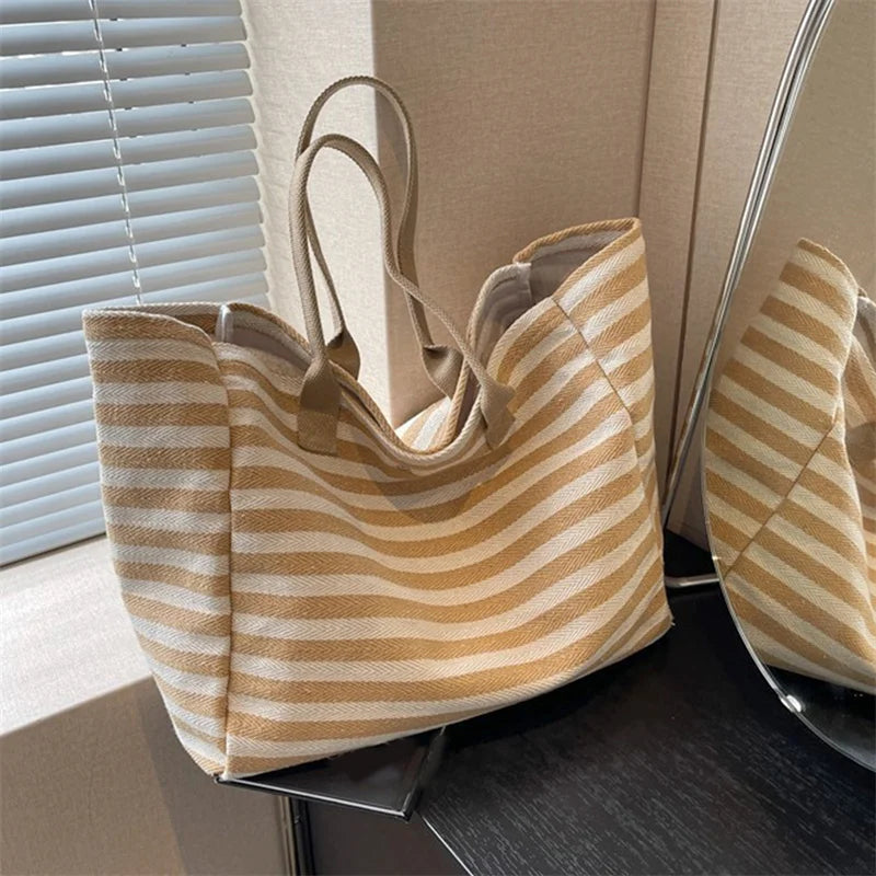 Casual Striped Canvas Bag for Women | Large Capacity Shoulder Bag & Daily Shopping Tote (Student Bookbag for School, Travel, Beach) Luxegan