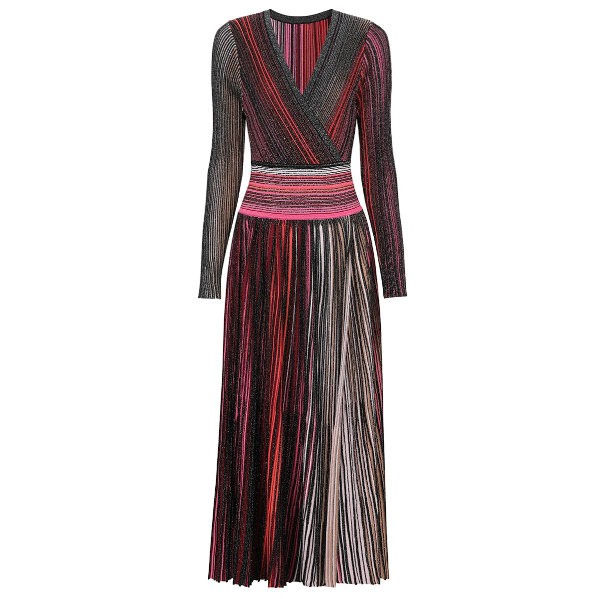 Women's Autumn Elegant Knitted Commuting Dress | Slim Fit V-Neck Long-Sleeve Maxi Gown | Fashionable Temperament Rainbow Pleated Dress | Premium Medium Stretch Ankle-Length Office Lady Knitwear Luxegan