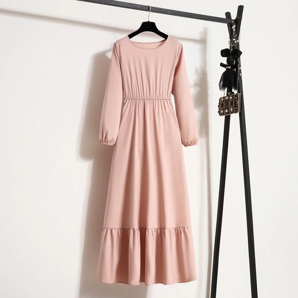 Women's Solid Chiffon Muslim Maxi Dress | Long-Sleeve Casual Loose Fit A-Line Dress | Full-Sleeve O-Neck Spring Autumn Ankle-Length Robe Luxegan