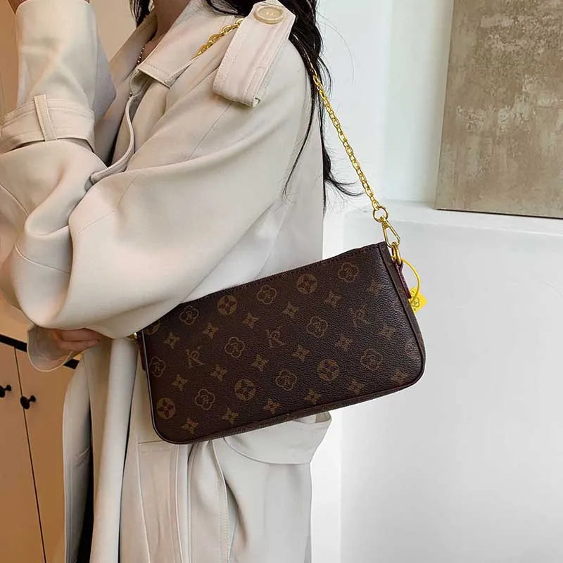 Light Luxury Designer Shoulder Bag | Classic Solid Color Plaid Crossbody | Women’s Vintage Satchel with Chain & Letter Element Luxegan