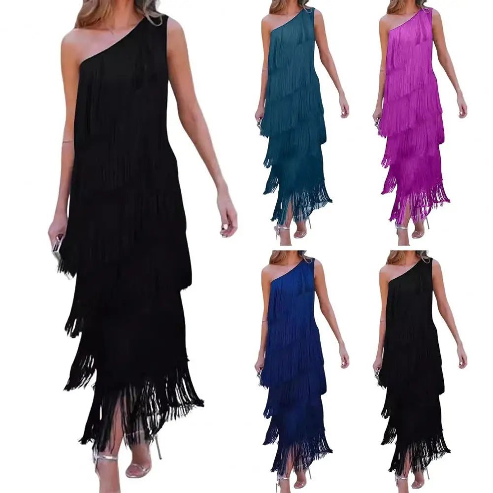 Women's One-Shoulder Layered Fringed Tassel Evening Dress | Elegant Asymmetric Cocktail Party Maxi Dress | Loose Fit Sleeveless Prom Dance Gown | Premium Tatting Slight Stretch Ankle-Length Luxegan