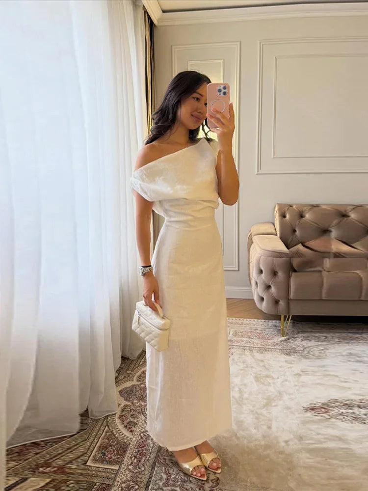 Solid Asymmetrical Neckline Sleeveless Regular Fit Straight Ankle-Length Dress – Natural Waist, Spring/Summer Luxegan