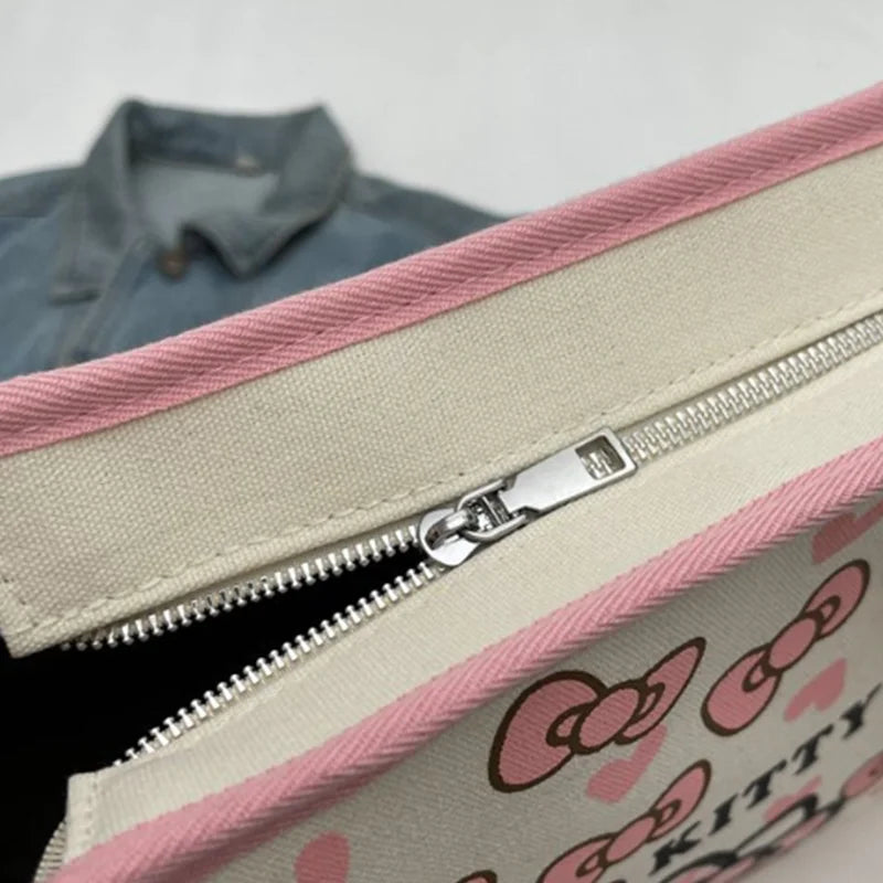 Hello Kitty Canvas Handbag | Large Capacity Zipper Shoulder Bag & Weaving Tote Luxegan