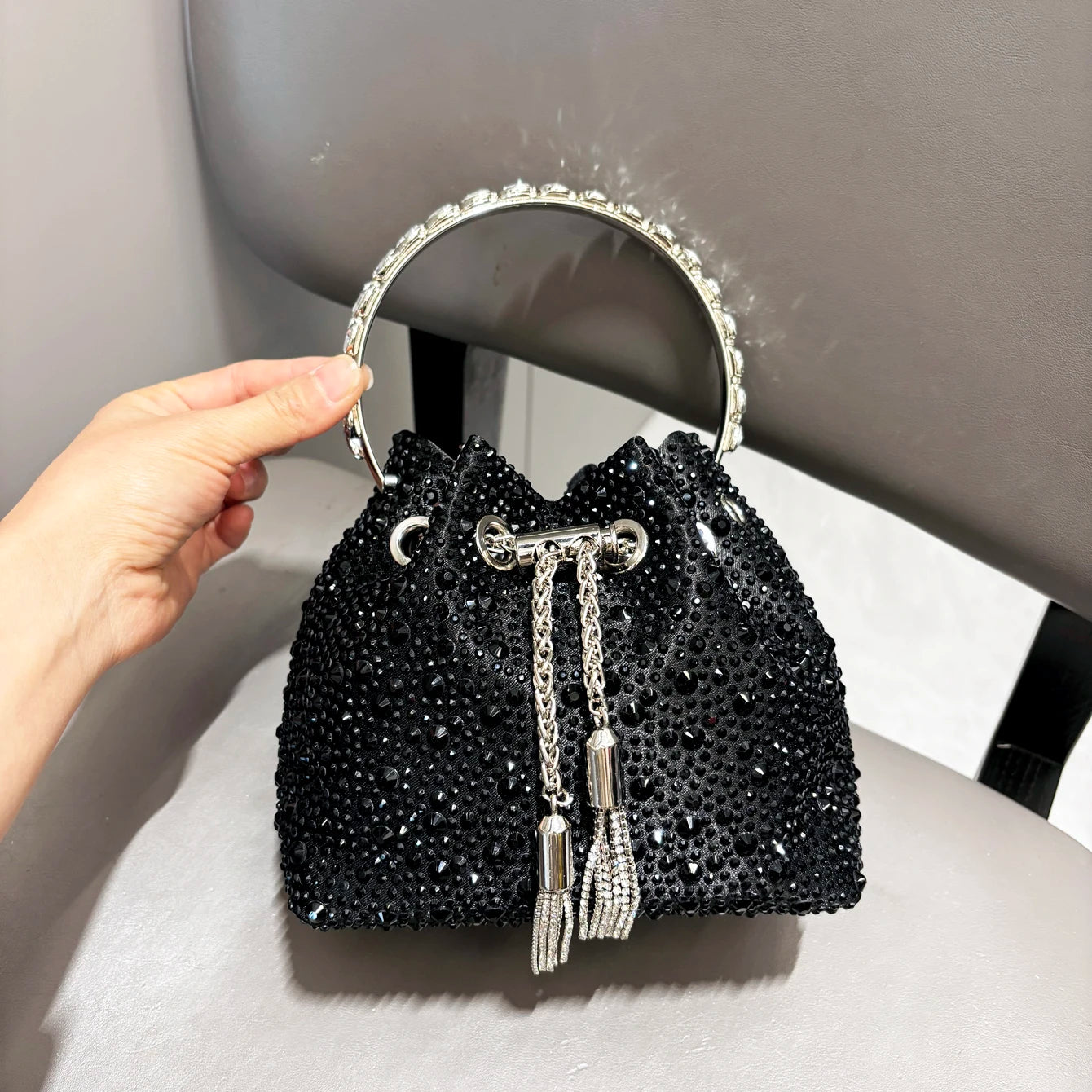 Luxury Designer Rhinestone Evening Clutch | Shiny Crystal Bucket Handbag & Fashion Shoulder Bag Luxegan