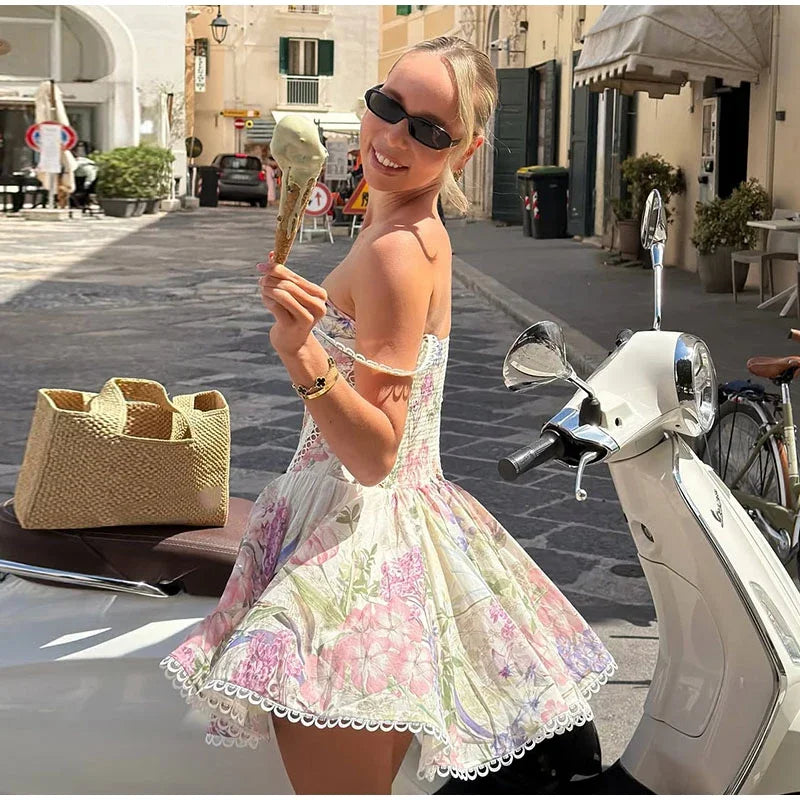Floral Print Lace Patchwork Mini Dress Sleeveless Flared Hem Waist-cinching Spaghetti Strap Dresses Summer Chic Elegant Gown