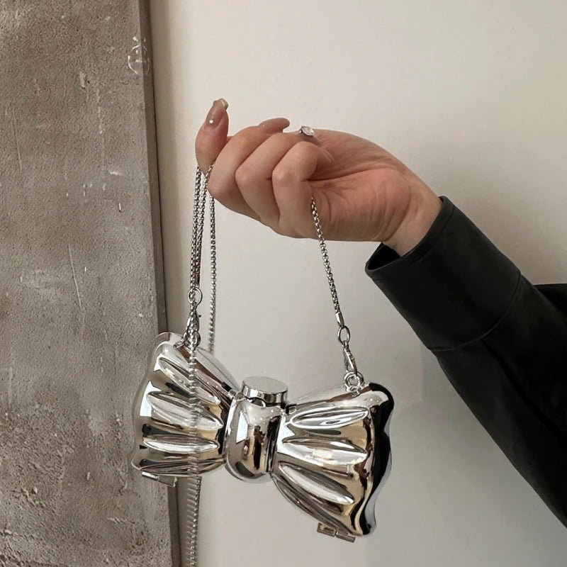 Personalized Fashion Mini Electroplated Silver Metal Bow Clutch | Shiny Cosmetic Chain Crossbody Bag & Coin Wallet (Minaudière) Luxegan