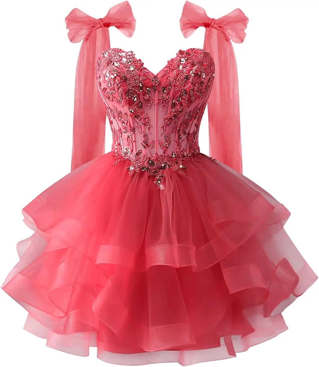Tiered Tulle Homecoming Dresses Sparkly Lace Applique Bow Straps Short Prom Dress for Teens Cocktail Dress Graduation Dress