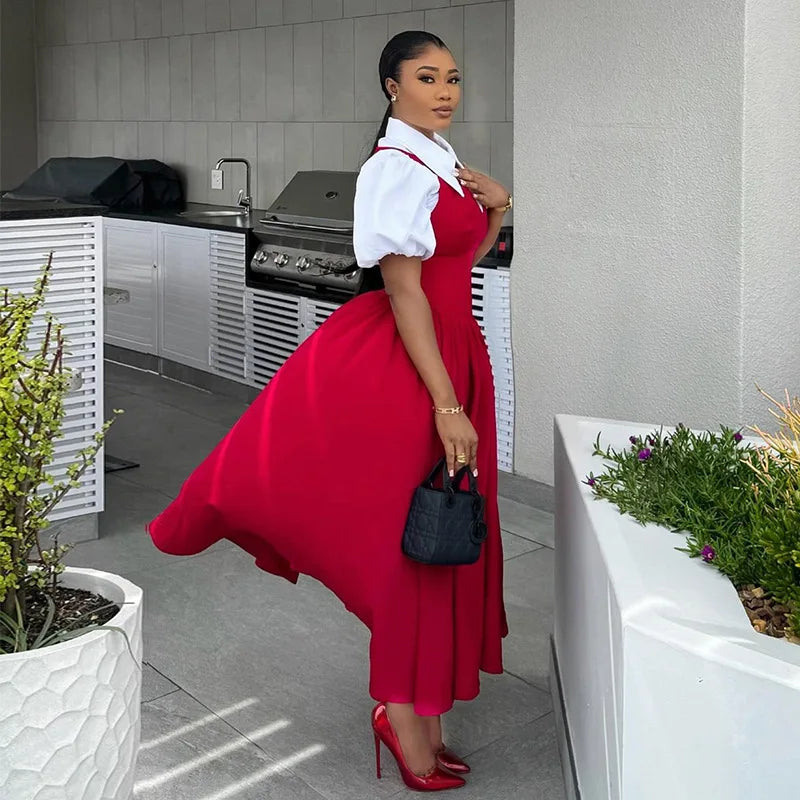 Turn-Down Collar Puff Sleeve Ruched Pleated Ball Gown Maxi Dress | High Waist Knit Swing Streetwear Dress Luxegan