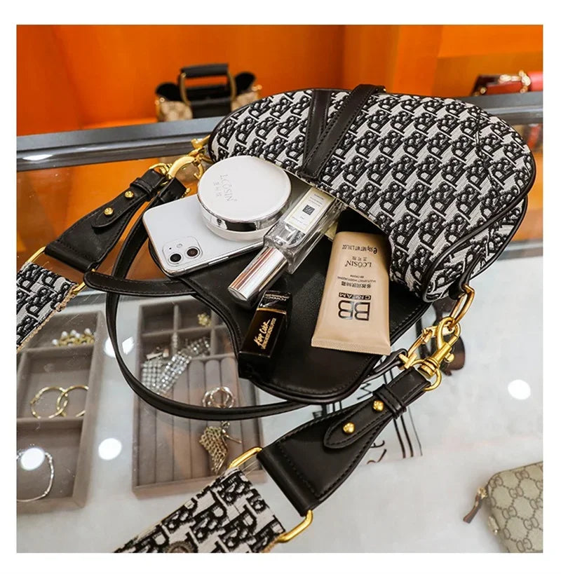 Canvas Letter-Print Saddle Crossbody | Soft Large Capacity Underarm Bag Luxegan