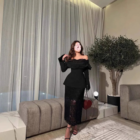 Lace-Trim Slash Neck Sheath Maxi Dress | Long Sleeve Slim Fit Ceremonial Dress Luxegan