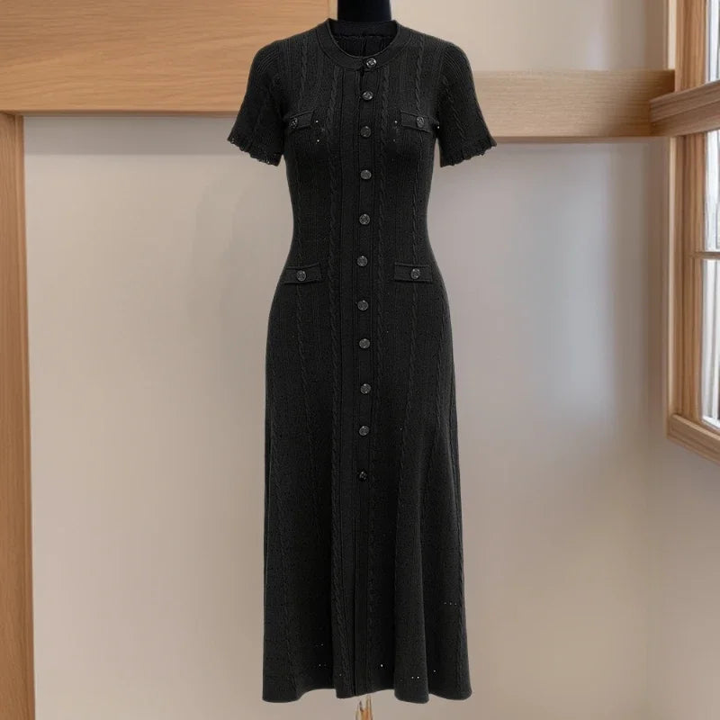 French Style Knitted Long Dress round Neck Hollow out Wooden Edge Skirt Elegant Autumn Luxury Women's Fashion One Piece Dress