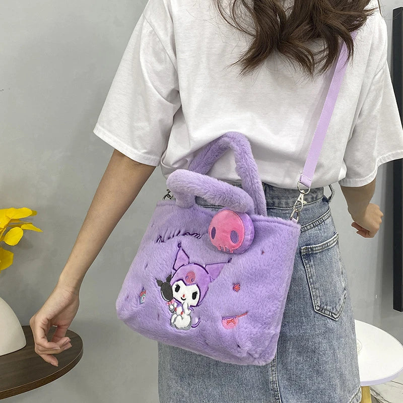 Kawaii Hello Kitty Plush Shoulder Bag | My Melody Cinnamoroll Kuromi Cute Cartoon Anime Handbag (Soft Storage Bag for Women & Girls) Luxegan