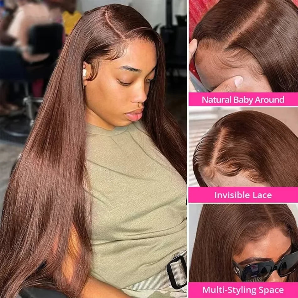 36-Inch Chocolate Brown Straight HD Lace Wig | Sophisticated 250% Density 13x6 & 13x4 Frontal | Elegant "100% Brazilian Remy" Silhouette | "Dignified" Pre-Plucked Curved Part Human Hair for Radiant Versatile Styling Luxegan