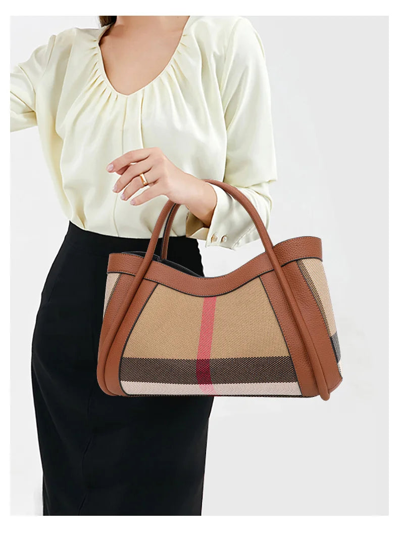 Retro Checkered Luxury Handbag | Large Capacity Canvas & Cowhide Patchwork Tote | Fashion Plaid Shoulder Bag with Secure Hasp Closure Luxegan