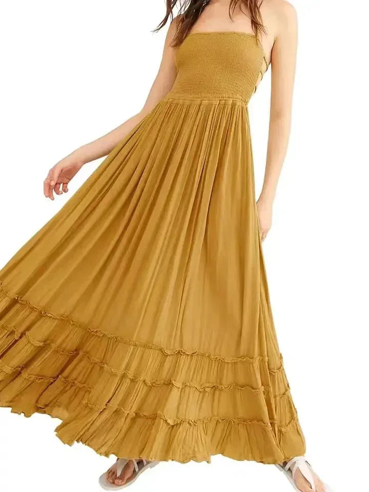 Solid Spaghetti Strap Draped Tie-Waist Regular Fit A-Line Ankle-Length Rayon Dress – Empire Waist, Bohemian, Summer Luxegan