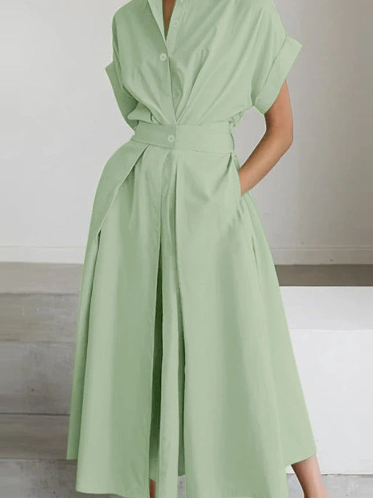 Solid Turn-Down Collar Short Sleeve Regular Fit A-Line Ankle-Length Dress – Polyester, Empire Waist, Summer Luxegan