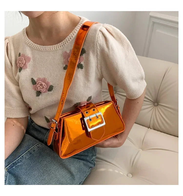 New Luxury Design Women's Glossy PU Leather Armpit Bag | Fashion Party Handbag (Patent Leather Silver Shoulder & Crossbody Bag) Luxegan