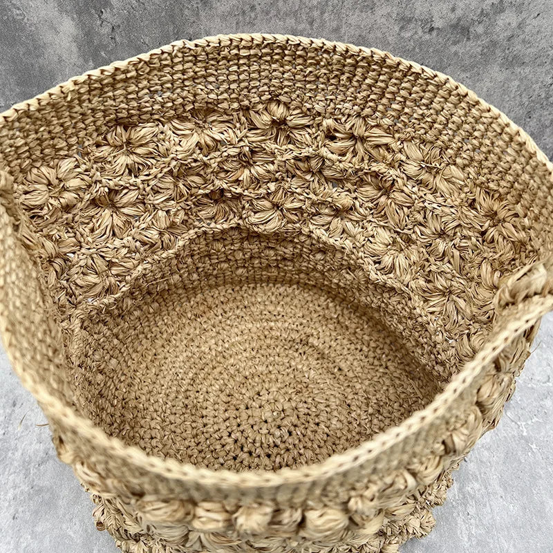 Bohemian Raffia Beach Bags for Women Bucket Bag Luxury Flower Straw Bag | Women Handbag Handmade Travel Rattan Shoulder Bags Tote Luxegan