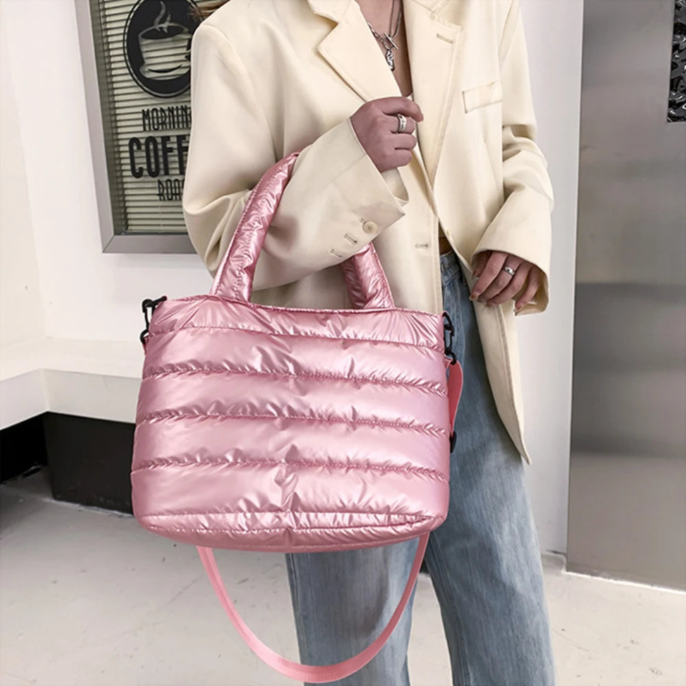 New Puffer Tote Bag for Women | Quilted Puffy Handbag & Lightweight Down Cotton Padded Shoulder & Crossbody Bag Luxegan