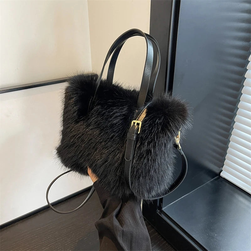 Faux Fur Tote Bag Women's | Bucket Plush Luxury Design Ladies Handbags & Soft Winter Crossbody Shoulder Bags (Bolsa Feminina) Luxegan