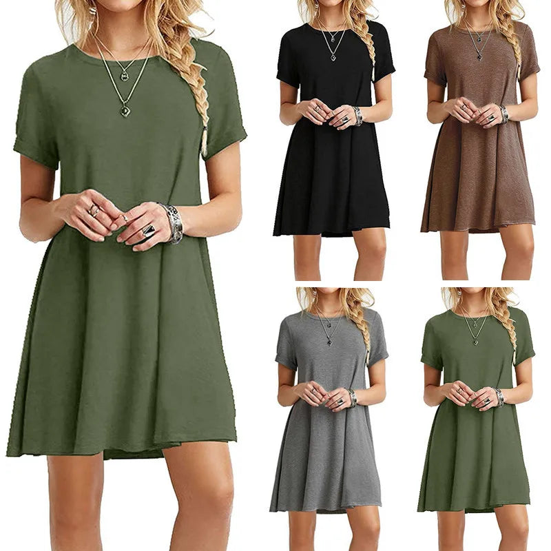 Casual Short Sleeve T-Shirt Dress | Vintage O-Neck Graphic Print Sundress | Elegant Simple Loose Fit A-Line Mini Dress | Premium Cotton Blend Summer Streetwear Model DR077 Luxegan
