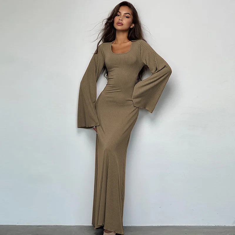 Long Flare Sleeved Maxi Floor-Length Dress | Summer Solid Color Casual Office Lady Dress | Premium High-Stretch Slim Fit Lace-Up Vestido | Elegant O-Neck Empire Waist Spring/Summer Long Gown Luxegan