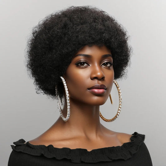Afro Puff Curly Short Pixie Bob Wig | Glueless Full Machine-Made 100% Brazilian Remy Human Hair Wig | Realistic Fluffy Afro Kinky Wave Colored Wig for Women (Average Cap Size) Luxegan