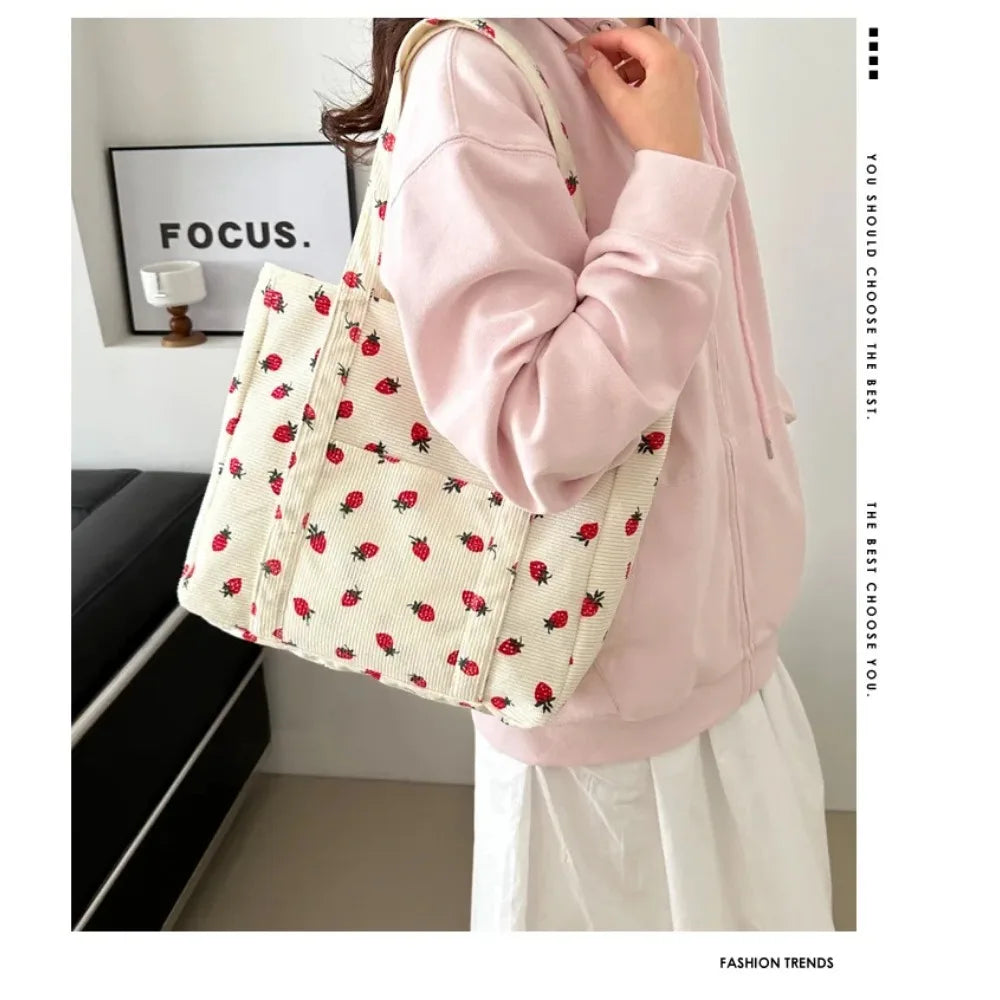 Canvas Bucket Bag | Soft Strawberry Corduroy Large Capacity Commuter Tote Luxegan