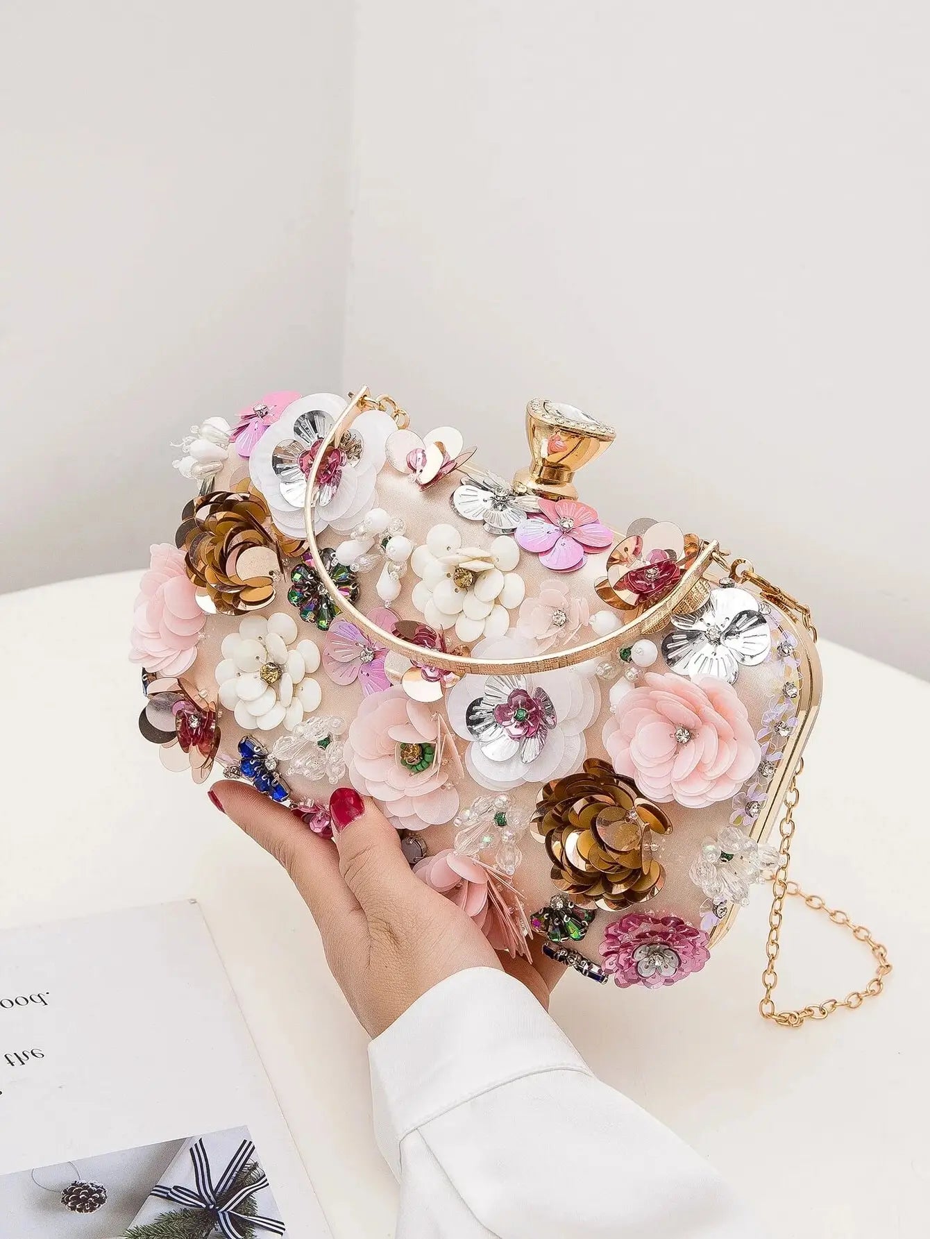 New Handmade Pearl Embroidered Clutch | Glamorous Rhinestone Evening Bag | Quiet Luxury Box Bag for Wedding, Prom & Gala Luxegan