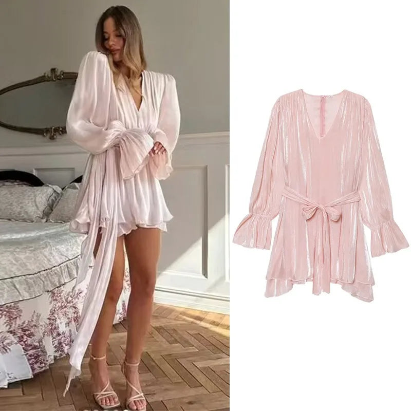Solid V-Neck Butterfly Sleeve Sash Loose Fit Straight Midi Dress – Loose Waist, Knit Polyester, Spring/Summer Luxegan