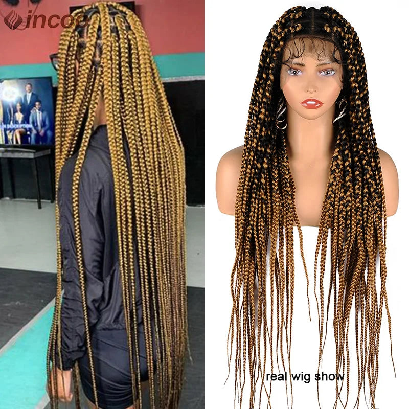 Synthetic Large Box Braided Wigs Jumbo Knotless Full Lace Front Wigs For Black Women Jumbo Tribal Braids Faux Locs Cornrows Wig Luxegan
