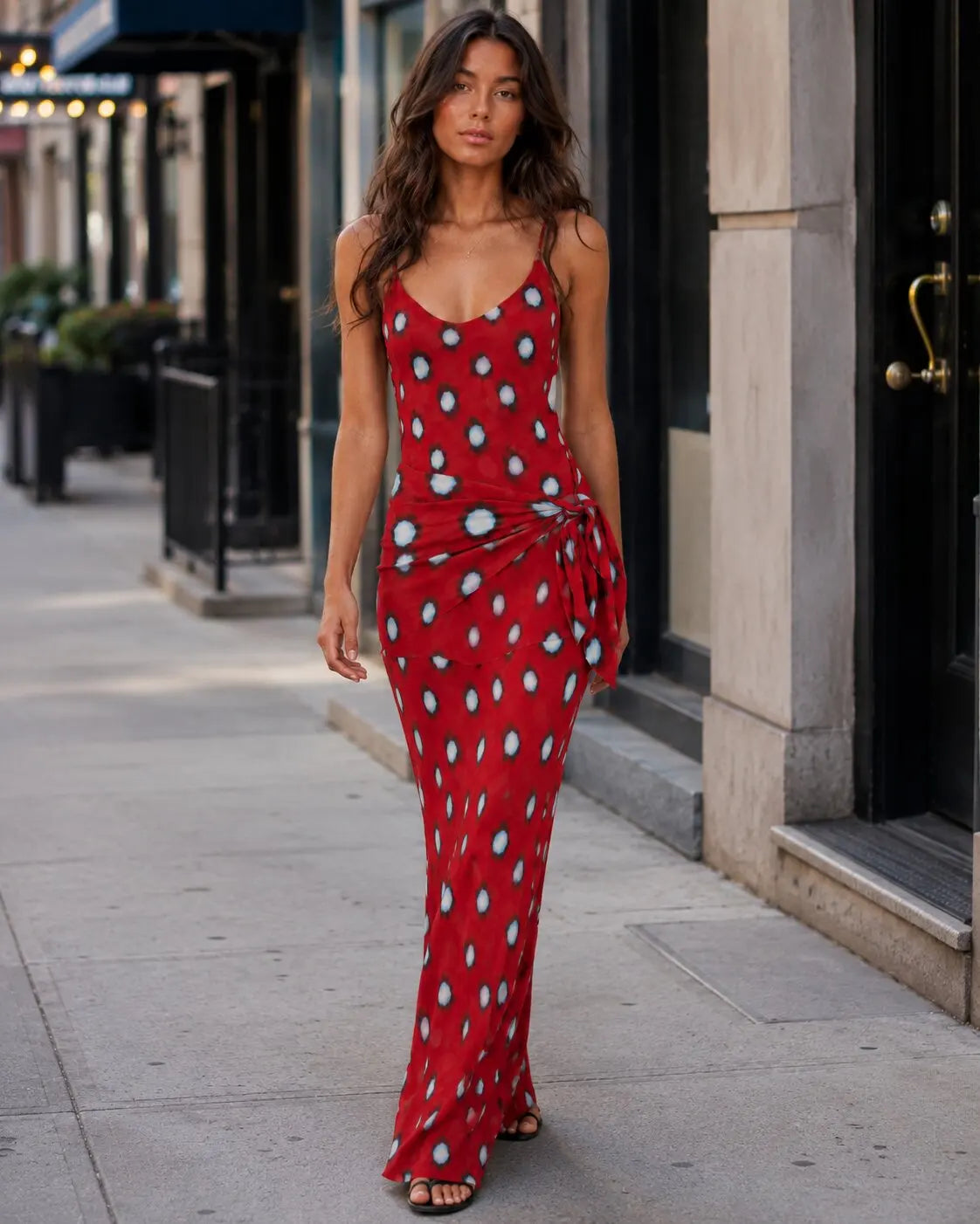 Animal Print Maxi Dress | Deep V-Neck Spaghetti Strap Waist Tie Slit Evening Dress Luxegan