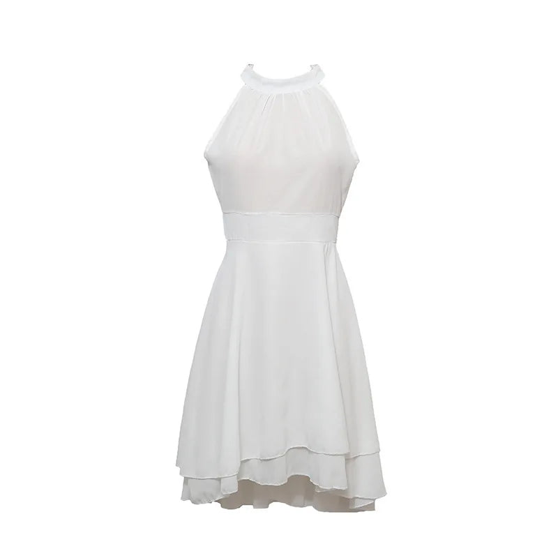 Solid Halter Sleeveless Gauze Overlay Slim Fit A-Line Mid-Calf Dress – Natural Waist, Summer Luxegan