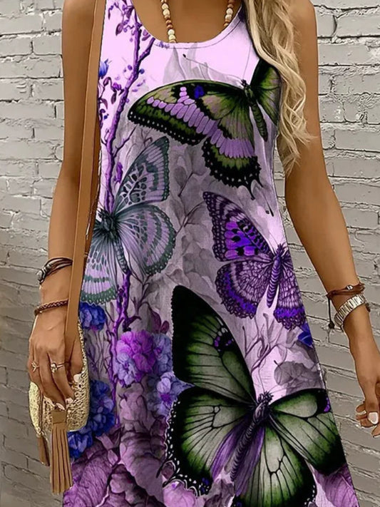 Summer Beach Vacation Dress | Colorful Butterfly & Flowers 3D Print Sundress | Elegant O-Neck Sleeveless Vest Dress | Premium Knit Loose Fit A-Line Mini Robe Model BD83 Luxegan