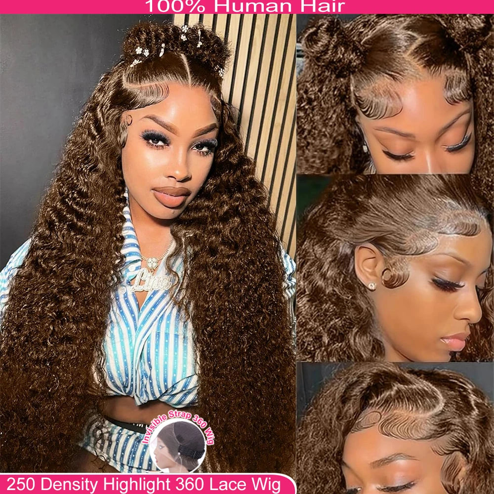 Invisi-Strap 360 Full Lace Wig | Sophisticated "Chocolate Brown" Deep Curly Silhouette | Elegant 250% Density HD Lace Hairpiece | "Dignified" Honey Blonde Highlights Brazilian Human Hair Wig for Radiant Versatile Styling Luxegan