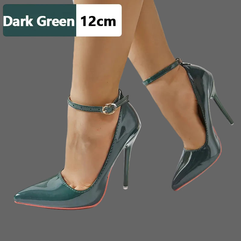 Metal Belt Buckle Stiletto Pumps | Sophisticated 10cm/12cm Pointed Toe Heels | Elegant "Super Big Size" 48 49 50 Party Shoes | "Dignified" Patent Leather Goblet Heels for Radiant Versatile Styling Luxegan